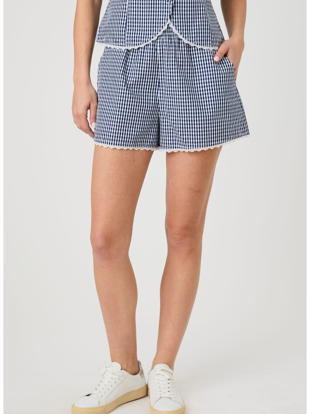 French Connection Navy & White Gingham Lace-Trim Shorts - Picture 2 of 5